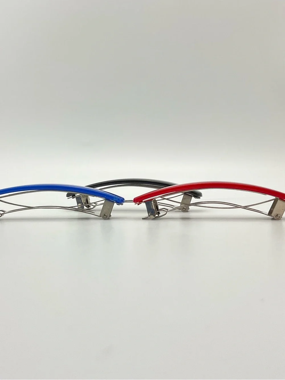 Vintage 80s Trio of Barrettes in Black, Blue & Red, New Wave, Snap Hair Clips
